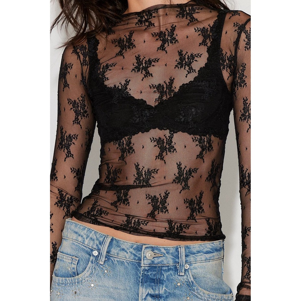 Intimately Free People Black Floral Lace Mesh Lady Lux Long Sleeve Top XS